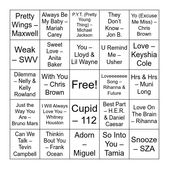Love Song Bingo Card