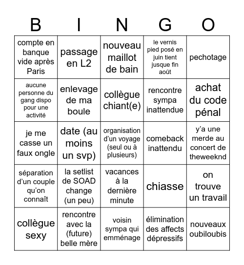 été 2026 Bingo Card