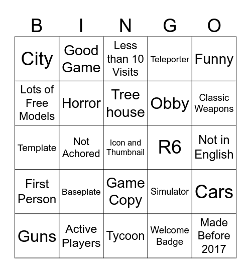 Random Roblox Games Bingo Card