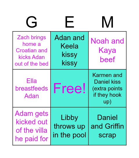 Croatia GEMcest Bingo Card