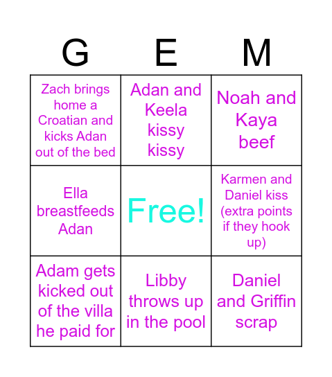 Croatia GEMcest Bingo Card