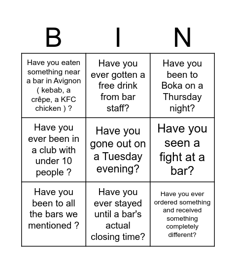 Bar Bingo Card