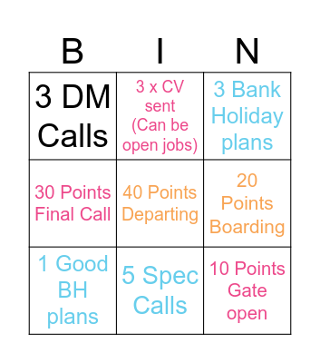 Race to the Break Bingo Card