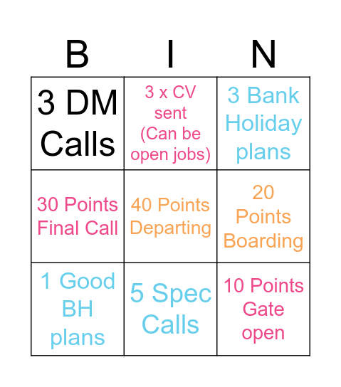 Race to the Break Bingo Card