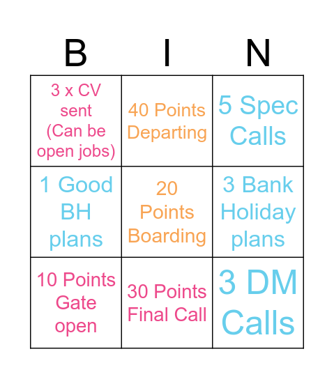 Race to the Break Bingo Card