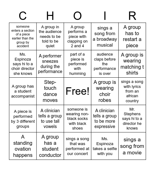Choir Festival Bingo Card