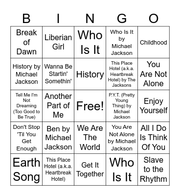 MJ Music Bingo Card