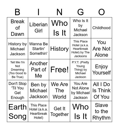 MJ Music Bingo Card