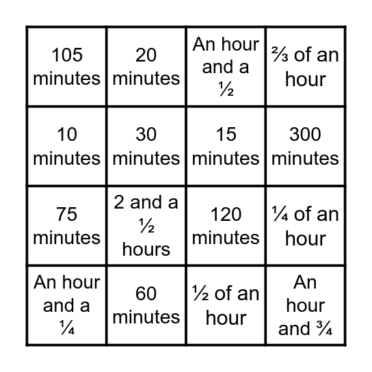 Time Converting Bingo Card