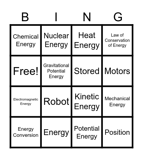 Energy in Robotics Bingo Card