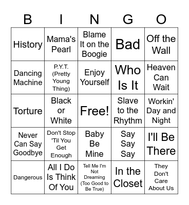 MJ Music Bingo Card