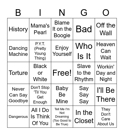 MJ Music Bingo Card