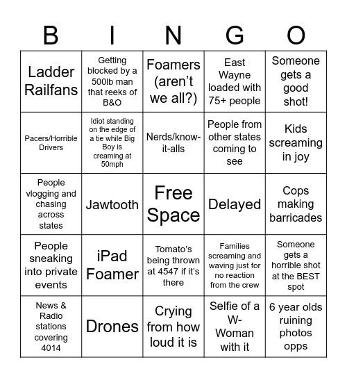 NKP Big Boy Tour Bingo Card