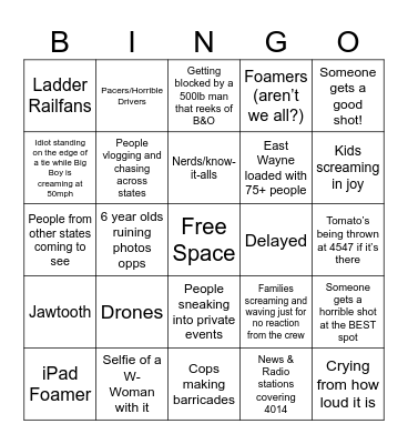 NKP Big Boy Tour Bingo Card