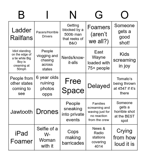 NKP Big Boy Tour Bingo Card