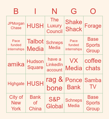 Internship Bingo Card
