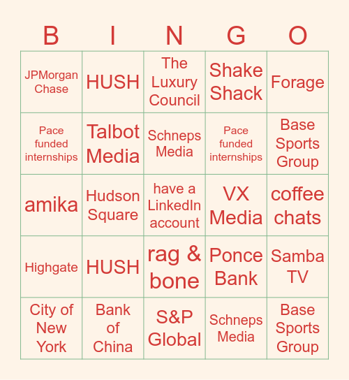 Internship Bingo Card