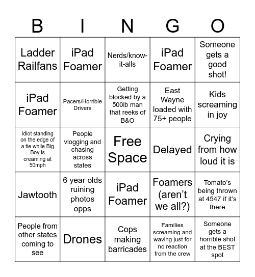 NKP Big Boy Tour Bingo Card