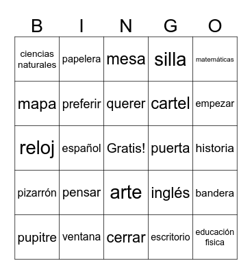 E to IE Verbs, School Subjects, & School Items Bingo Card