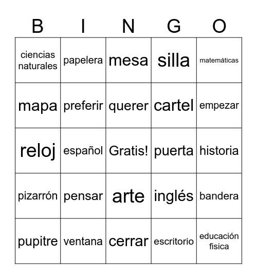 E to IE Verbs, School Subjects, & School Items Bingo Card