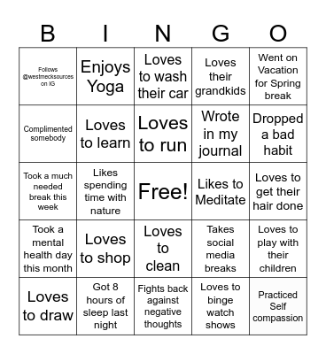 Sources of Strength Wednesday Wellness Bingo Card