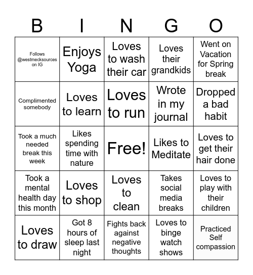 Sources of Strength Wednesday Wellness Bingo Card
