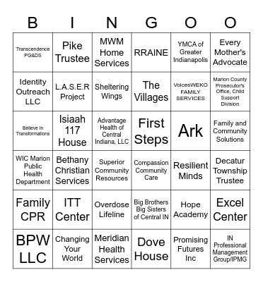 Prevention Provider Fair Bingo Card