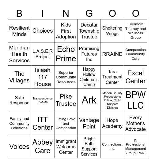 Prevention Provider Fair Bingo Card
