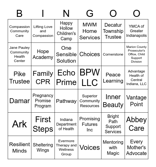 Prevention Provider Fair Bingo Card