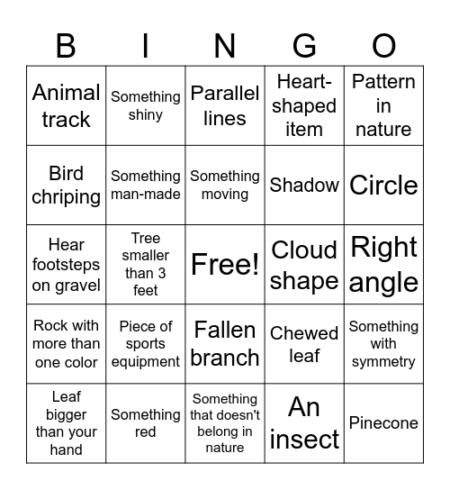 Nature Walk Bingo Card