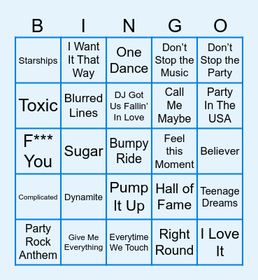 Party Anthems Bingo Card