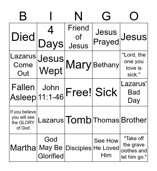 Lazarus' Bad Day Bingo Card