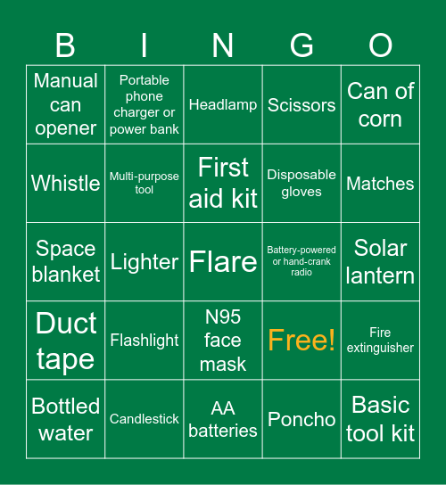 Emergency Preparedness Bingo Card