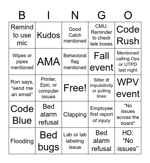 Safety Huddle-Up Bingo Card
