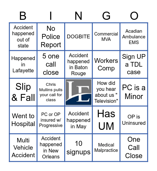 Intake Bingo Card