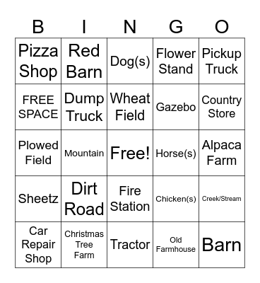 Bus Ride Bingo Card