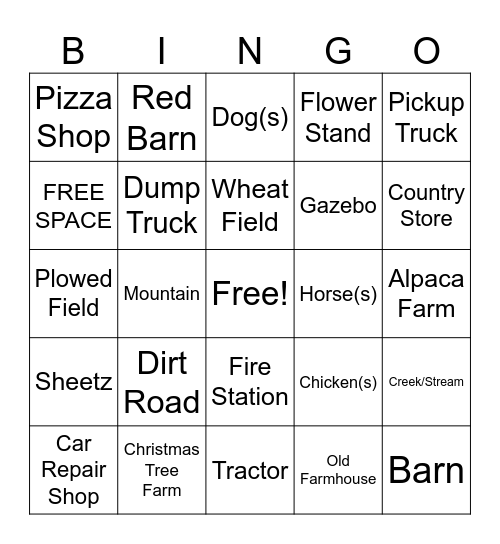 Bus Ride Bingo Card