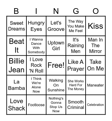 Nat's 80's Playlist Bingo Card