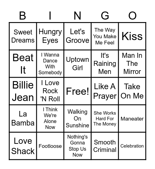 Nat's 80's Playlist Bingo Card