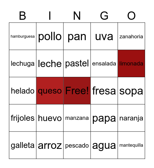 Food in Spanish! Bingo Card