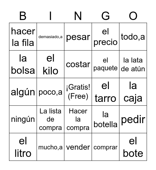 Desafío 2 Vocabulario - Los envases y la compra Bingo Card