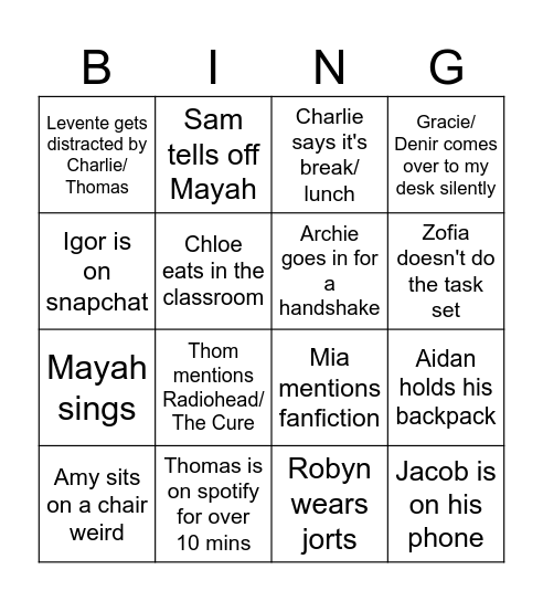 Group B Bingo Card