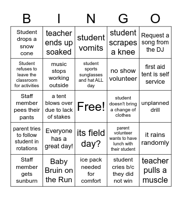 Field Day Bingo Card