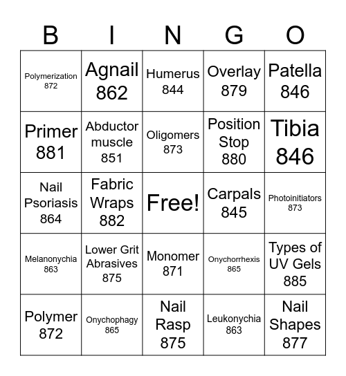Nail Exam/PSI Exam Bingo Card