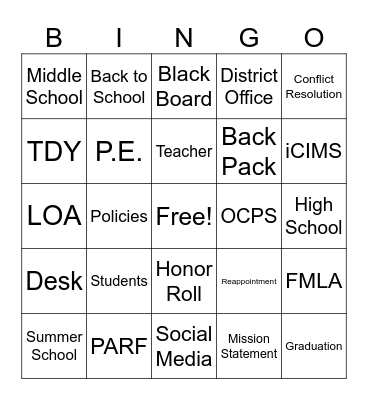 School/HR Bingo Card