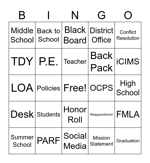 School/HR Bingo Card