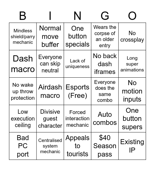 Modern Fighting Game Bingo Card
