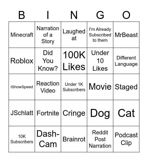 Youtube Shorts Bingo Card