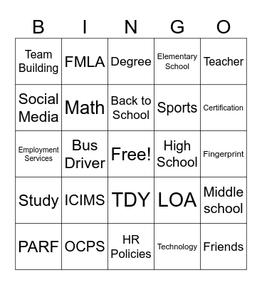 School/HR Bingo Card