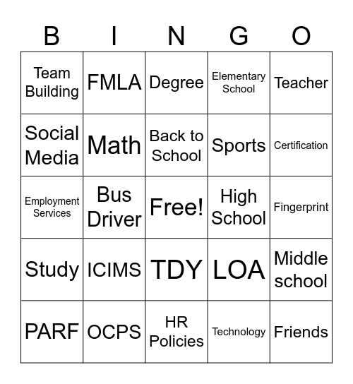 School/HR Bingo Card